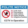 Ambiance Sticker Adesivo in vinile con segnaletica - DP063AL-W Polite Avviso: No Junk Mail, No Canvassers, No Cold Callers, No Sales People, No Religious Bodies, CCTV in Operation Sign - H10 x L15 cm
