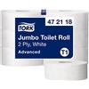 Tork 472118 Rotoli di Carta Igienica Jumbo Advanced a lunga durata, compatibile con sistema T1, 2 veli, 1 conf. x 6 rotoli (6 x 380 m), 1900 strappi x rotolo, bianco