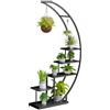 Ribelli Supporto per piante in metallo a 5 livelli, a forma di mezzaluna, 172 cm, con 5 ripiani e ganci, per piante, con protezione antiribaltamento, per balcone, soggiorno, terrazza (1 pezzo, nero)