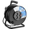 Electraline 49028 Prolunga elettrica con avvolgicavo, 50 m, 4 prese polivalenti (schuko + 10/16A) spina grande 16A, max 3200W, con protezione, nero