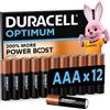 Duracell Confezione 12 Batterie Optimum AAA Alcaline Da 1,5V 200% Più Attivi Power Boost
