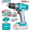 TOTAL TRAPANO AVVITATORE A BATTERIA 20V 45Nm + 2 BATTERIE 2Ah + 47 ACCESSORI TOTAL