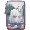 Depesche Miss Melody 0012947 12947 - Astuccio con 3 scomparti, con LED, ninfee e cavalli, astuccio, righello, forbici ecc., colore: Viola