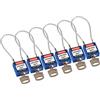 Brady Lucchetto con Cavo Compatto Confezione da 6 - Lucchetto di Sicurezza Lockout Tagout - Chiavi Diverse - 32mm x 35mm x 16mm - Lunghezza del Cavo 200mm, Blu