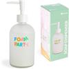 Fisura - Dispenser sapone originale Foam Party, dispenser bagno bianco con scritta colorata, flacone in vetro resistente da 410 ml, ideale per sapone o lozione, con imbuto incluso.