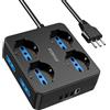 POWSAF Presa Multipla 8 Prese Quadrata, Ciabatta Elettrica con 4 USB e Interruttore - Multipresa Compatta per Casa/Ufficio, Nero