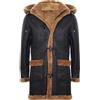 Infinity Uomo Marrone pelle di Pecora Cappotto Montgomery Lungo WW2 con Cappuccio Parka