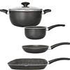 San Ignacio Set Casual Batteria da Cucina Gourmet, Alluminio pressato, Grigio Scuro, Casseruola di Ø16 Padella Ø20 Padella Grill 28 x 28 pentola di Ø24 CMS. con Coperchio di Vetro