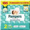 Pampers Baby Dry Mini, Taglia 2 (3-6 kg), 186 Pannolini Neonato | Formato Scorta, Barriere Anti-Fuoriuscite, Più Asciutto Fino a 12h, Linguette Rinforzate e Avvolgenti