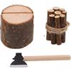 1 set di accette in miniatura, catasta di legna da ardere, ceppo d'albero,