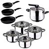 San Ignacio - Batteria da Cucina, 4 pentole, 4 coperchi in Vetro, 1 pentola a Pressione da 5 Litri e 3 padelle 16/20/24 cm, Acciaio Inossidabile, induzione