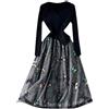 Donna Maglia Pizzo Patchwork Abito Scollo V Paillettes Farfalla Ricamo Nero