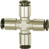 RIEGLER Connettore a X »click-clock« per tubo esterno Ø 4 mm, pressione di lavoro max. 16 bar, velocità di funzionamento. -20 °C a 80 °C, in ottone verde.