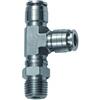 RIEGLER Raccordo a T girevole, forma a L, R 3/8 a., per tubo esterno Ø 14 mm, pressione di lavoro max. 20 bar, acciaio inox 1.4404