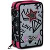 Seven Astuccio Scuola Elementare, 3 scomparti, Medie, con Matite, Pennarelli, Penne, 3 Zip, Zipper Glamy, Bambina, Ragazza, grigio