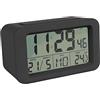 Fisura - Sveglia digitale nero con LED. Orologio con data e indicatore di temperatura. 2 allarmi. Pulsante Snooze. 2 batterie AAA. Gomma ABS. Misure: 12x5,5x7
