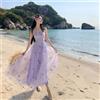 Vestito Mare Midi Viola Tulle Ricami Farfalle Spalline Elegante CF66642