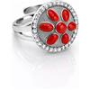 Anello regolabile argento 925 rodiato corallo rosso naturale e zirconi bianchi