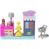 Barbie Mini BarbieLand - Supermercato, set con mini bambola e accessori inclusi, scaffali per prodotti, bancone per la cassa e carrello della spesa, giocattolo per bambini, 4+ anni, JCR32