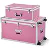 VEVOR Valigia Portaoggetti in Alluminio, Set da 2, Scatola in Legno con Lucchetto, Grande Cassa con Rotelle e 3 Maniglie, Contenitore Decorativo Rosa con Coperchio per Strumenti Viaggi e Dormitori
