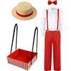 Newcotte Costume da cameriere anni '50 per Halloween, 6 pezzi, per uomo, inclusi vassoi per snack serali cinematografici, cappello, bretelle, camicia, pantaloni, papillon