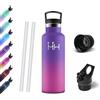 Motswedi Borraccia Termica, 500 ml Senza BPA, Borracce Bambini, Bottiglia Acqua Con Cannuccia&2 Coperchi, Borraccia Acciaio, 18/8 Acciaio Inossidabile, Borracce per Scuola - Viola scuro&Rosa scuro