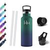 Motswedi Borraccia Termica, 500 ml Senza BPA, Borracce Bambini, Bottiglia Acqua Con Cannuccia&2 Coperchi, Borraccia Acciaio, 18/8 Acciaio Inossidabile, Borracce per Scuola - Verde scuro&blu scuro
