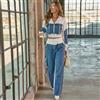 Completo Elegante Donna Felpa e Pantaloni Denim Casual Chic Streetwear V3L8P1