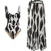 Costume Intero Con Pareo Lungo Fantasia Bianco Nero Elegante Moderno Q6T3R