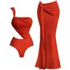 Costume Intero Monospalla Con Gonna Pareo Lunga Rosso Mare Sexy R8M4Z