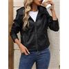 Giacca Donna Nero Pelle Sintetica con Cappuccio Corta Zip Frontale Fashion V3R8M