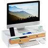 Relaxdays Supporto per Monitor, bambù, Rialzo per PC, 2 Tiretti & Scomparti, HLP 14 x 60 x 30 cm, Bianco/Legno Naturale