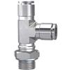 RIEGLER Raccordo a T girevole, forma a L, G 3/8 a., per tubo esterno Ø 8 mm, pressione di lavoro max. 20 bar, acciaio inox 1.4404