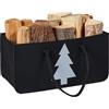 Relaxdays Portalegna da Interno in Feltro, Cesta con 28 L di Volume, Borsa per la Legna con Disegno di Abete, Nero