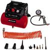 Einhell Compressore TC-AC 190/6/8 OF Set (1200 W, max. 8 bar, serbatoio da 6 l, potenza di aspirazione 190 l/min, velocità motore 18000 min^-1, riduttore di pressione, manometro, senza olio)
