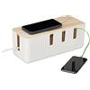 Relaxdays Porta Cavi Elettrici, Organizer Scrivania per 2 Ciabatte, Legno, Plastica, Cable Box, 11,5x30,5x12,5cm, Bianco