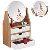 Relaxdays Organizer per Trucchi, 3 Tiretti, per Tavolo da Trucco, Specchio Ingranditore, 34x19x10,5 cm, Naturale/Bianco