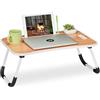 Relaxdays Tavolino per Laptop, Pieghevole, Letto e Divano 26x63x40 cm, con Porta Bevande e Tablet, Marrone Chiaro Bianco