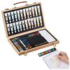 Relaxdays Valigetta con Kit da Pittura e Disegno, 56 Accessori, Matite Gomma Temperino Acquerelli, Legno Naturale