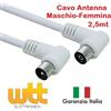 Wttelettronica Cavo antenna TV spina maschio presa femmina 90° da 2 metri bian prolunga antenna