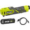 Ryobi Gonfiatore a Batteria 4V USB Lithium con Batteria 2,0Ah e Caricabatterie Inclusi, Pressione fino a 6,9 bar / 100 PSI, Display LCD Digitale, Luce LED, per Auto e Bici, RI4-120G