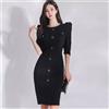 Abito Tubino Midi Aderente Elegante Donna Bottoni Nero Strutturato K3D8V7