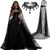 Suhine Set per costume da fantasma di Halloween, mantello da strega, mantello stregato in tulle con cappuccio e girocollo in pizzo gotico per donna, per cosplay da sposa (nero, 180 cm)