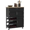 HOMCOM Carrello da Cucina in Legno con Portabottiglie, 3 Ante e Cassetto Nero