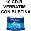 Verbatim 10 CD-R 700 MB VERBATIM 700MB VERGINI VUOTI CON BUSTINE CON ALETTA