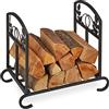 Relaxdays Portalegna da Camino, Pieghevole, HLP: 44,5x51x32 cm, Supporto in Acciaio per Legna da Ardere, Floreale, Nero