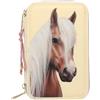 Depesche 13975 Miss Melody - Astuccio a 3 scomparti in giallo chiaro, con motivo di cavallo e criniera applicata, astuccio con matite colorate, forbici, righello e molto altro.