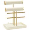 SONGMICS Porta Bracciali, Espositore per Gioielli, Portagioie con 2 Supporti per Braccialetti, Porta Orecchini, Vassoio in Velluto, Porta Anelli Rimovibile, Bianco Crema e Oro Pallido JJS046W101