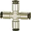 RIEGLER Connettore a X »click-clock« per tubo esterno Ø 8 mm, pressione di lavoro max. 16 bar, velocità di funzionamento. -20 °C a 80 °C, in ottone verde.