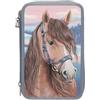 Depesche 13415 Miss Melody - Astuccio a 3 Scomparti Imbottito in Blu, con Effetto 3D e Motivo a Cavallo, Astuccio con matite Colorate, Forbici, Righello e Molto Altro.